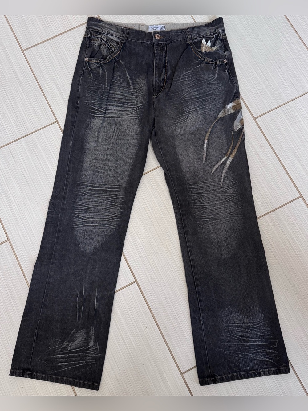 Vintage Angelino Embroidered Jeans Men's 40x34 Distressed Straight Dark Wash